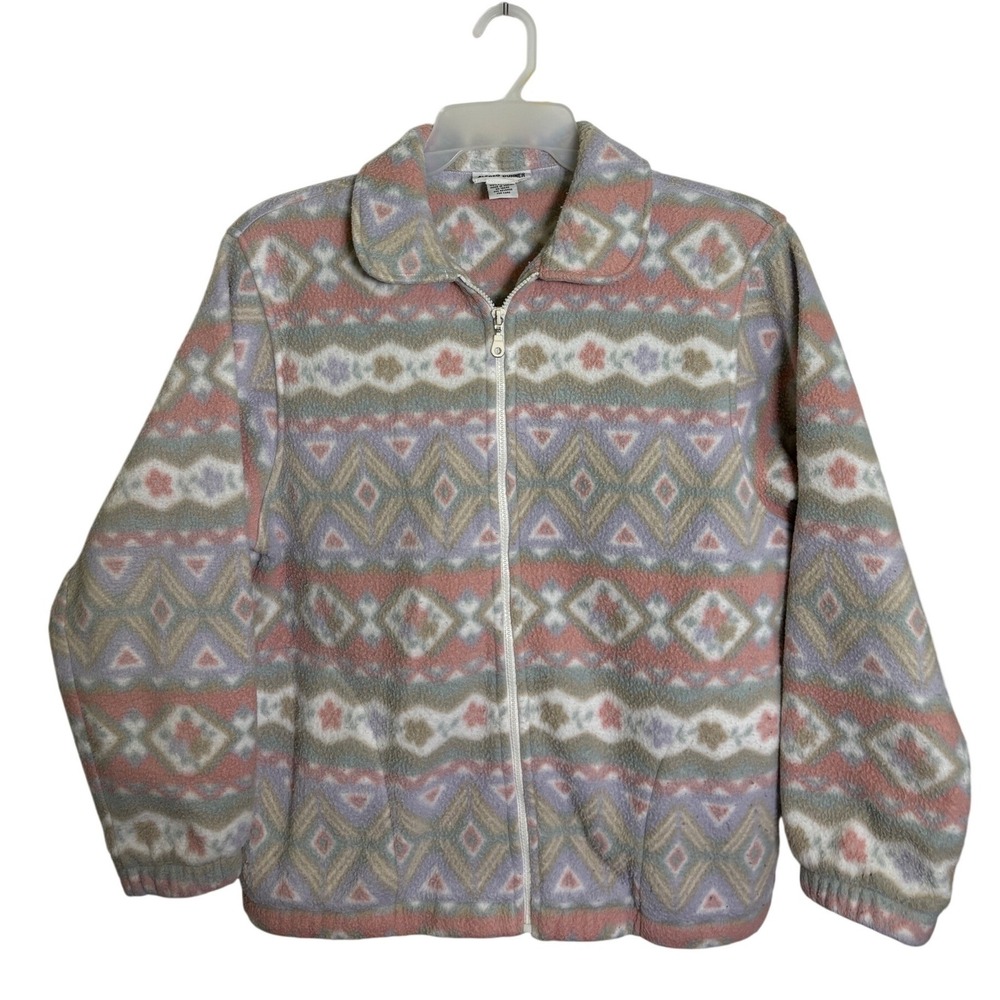 Alfred Dunner Fleece Jacket Women Small Pink Geometric Full Zip Aztec Pastel VTG
